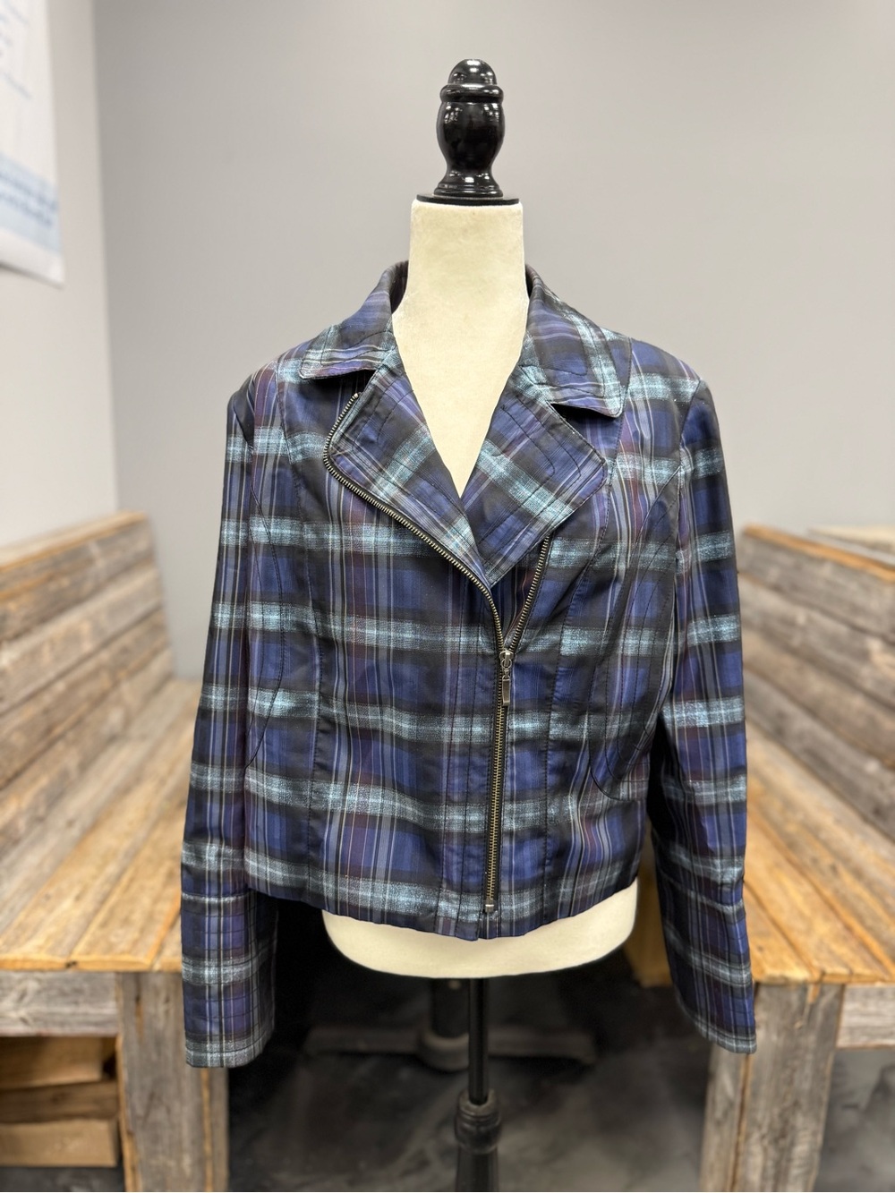 Plaid Blue Cropped Moto Blazer - Women